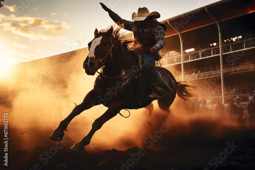 silhouette of a cowboy riding a horse in motion during a rodeo event against a sunset background © gankevstock