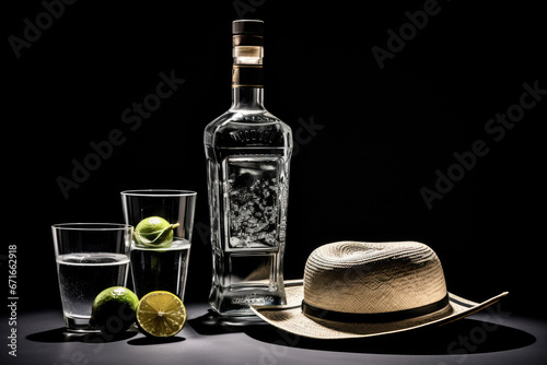 tequila drinking set with mexican hat on dark black studio background