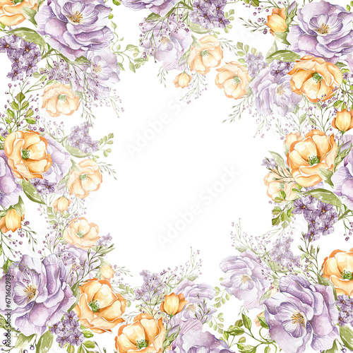 Fototapeta Naklejka Na Ścianę i Meble -  lilac delicate roses, light orange poppies, decorative twigs and leaves. Frame. bouquets watercolor illustration on a white background. in the style of a sketch.