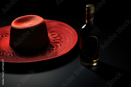 Red Hat and Bottle of brendy on Black Background photo