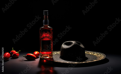 bottle of alcohol with straw hat on dark background