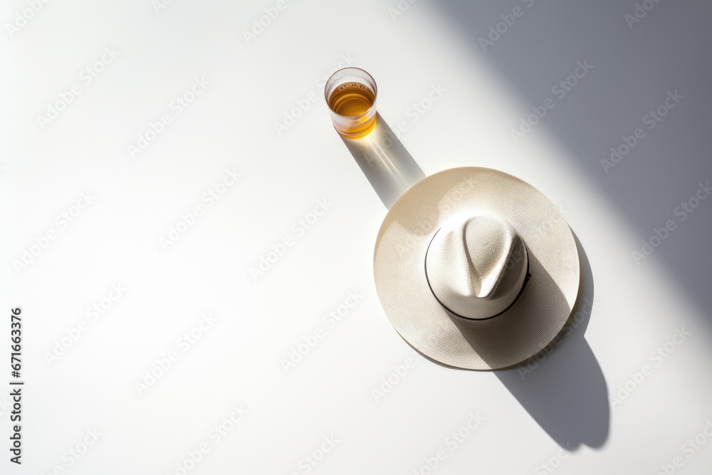 top view straw hat and glass of tequila mezcal on white background