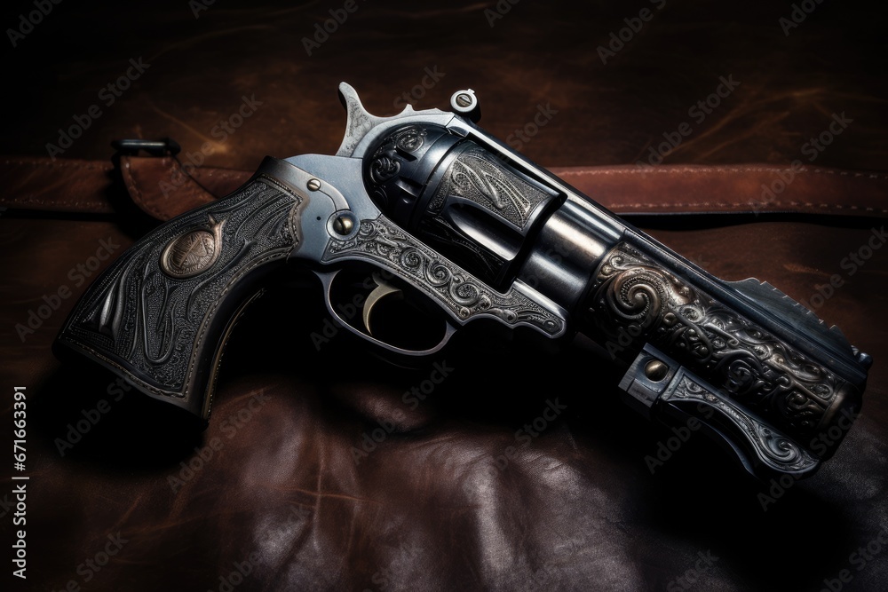 Old Vintage engraved western revolver gun top view - obrazy, fototapety, plakaty 