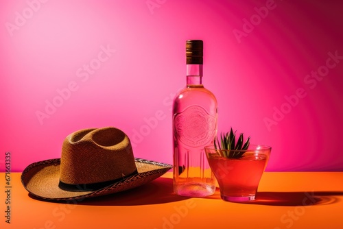glass bottle of tequila mezcal and a straw hat on pink background