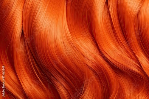 Close-up of red hair as a backdrop. Women with long, orange hair. Gorgeous, wavy curls styled beautifully. Bright colored hair with hair extensions and treatments.