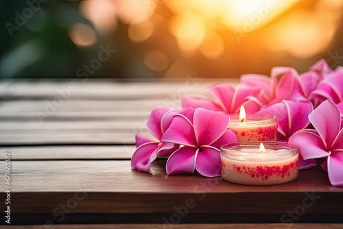 Thai spa treatment for women with Plumeria flower, candle, and relaxing summer vibe.