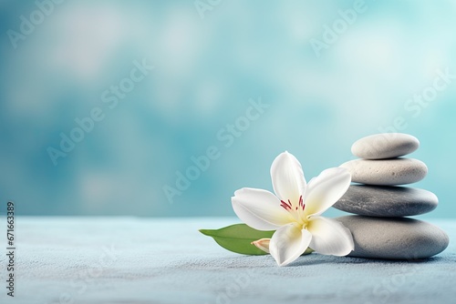 Zen stones, flowers, and towels on light blue background convey spa and wellness concept. Promote relaxation and calmness. Still life image. Banner.