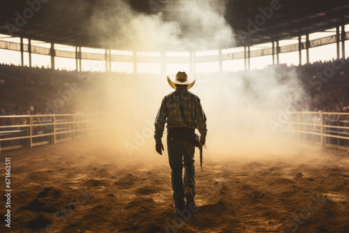 Lone Cowboy at the Rodeo arena, Dust and Sunset Scene