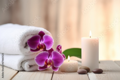 Aromatherapy items, orchid and towel on white table. Spa treatment and relaxation concept.