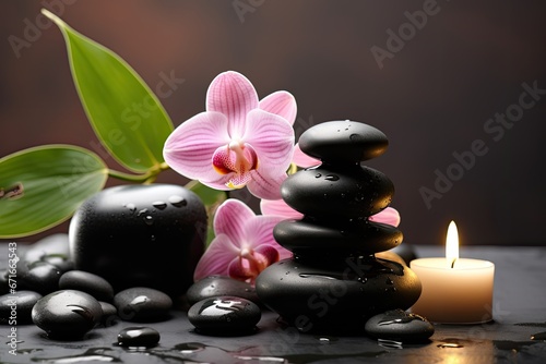 Still life featuring a pink orchid, black zen stones, candle, and green leaves against a wet background.