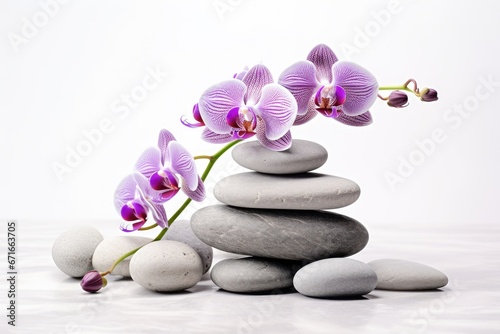 White background with stones and orchid.