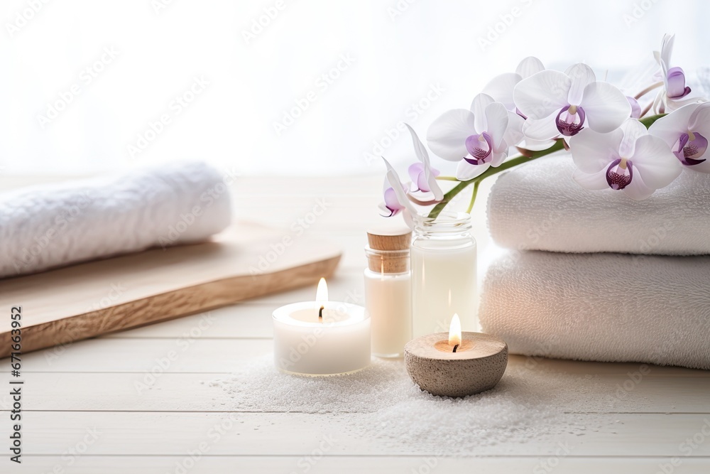 Gorgeous spa treatment display on wooden table.