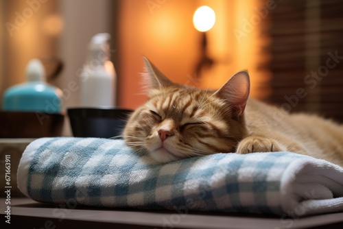 Cat rests head on towel while receiving spa treatments and relaxing with massage oil on table.
