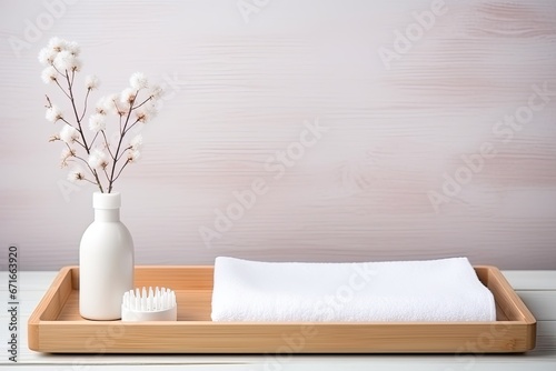 Rectangular pastel tray with vase and cotton pad, displayed wooden brush, towel, and wash basin. Empty area for promoting cosmetic products.