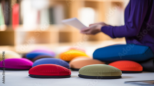 Young European sophrologist arranging meditation cushions with sophrology book.