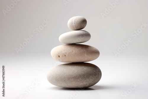 Stacked pyramid of meditation stones for spa treatments on a white background.