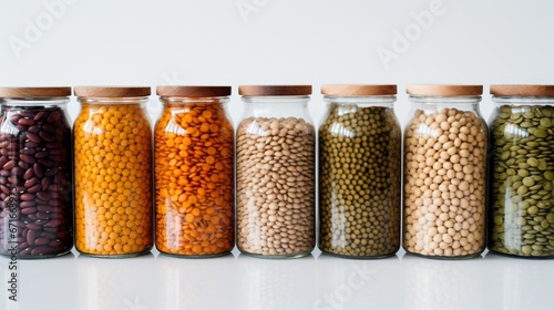 Various dried lentils and beans in glass jars, emphasizing their colors and shapes, against a clean white backdrop.