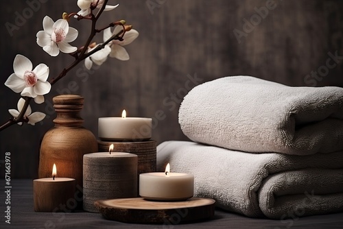 Gorgeous arrangement of spa towels and accessories.