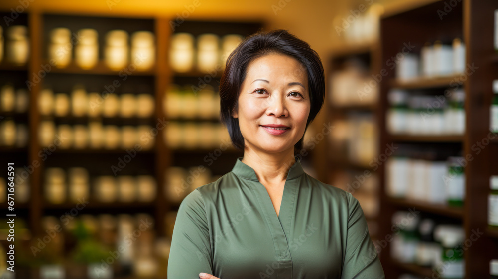 Middle-aged Asian masseuse standing with crossed arms amid herbal remedies. Middle-aged Asian masseuse standing with crossed arms amid herbal remedies.