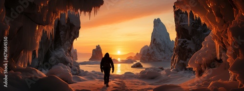 travel adventure landscpae photographer taking a stuning impressive photo in front of the entrance of ice cave  a man adventure traveller backpack inside stunning landscpae nature travel concept