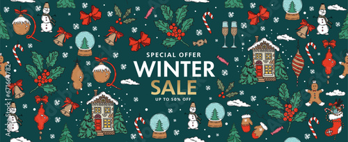 Christmas sale, pattern. Hand drawn illustration.	
