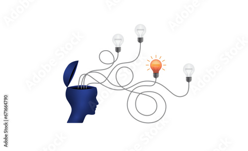 3d open mind head, light bulbs, haywire cable, business outsourcing vector. Business design to use in idea, brainstorm, learning, strategy, thinking, inspiration, teamwork projects. 