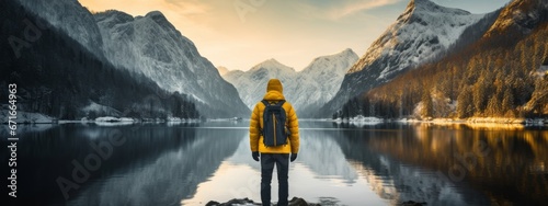 beautiful stunning impressive winter lake landscape with snow mountain reflecting water clam lake with a backpacker person traveller in jacket travel nature background concept