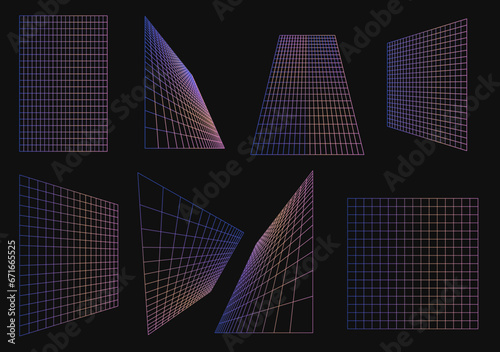 Collection geometry wireframe grids in neon gradient color.Aabstract backgrounds, patterns, cyberpunk elements in trendy psychedelic rave style. Y2k retro futuristic aesthetic.