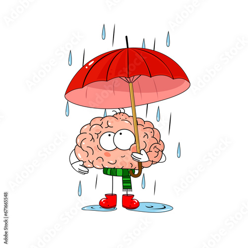 Cute illustration of human brain whith ambrella under the autumn rain. Beautiful character for concept of human emotions.	