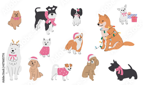 Fototapeta Naklejka Na Ścianę i Meble -  Collection of christmas dogs in hand drawn style. Collection of dog characters, flat illustration for design, decor, print, stickers, posters. Merry Christmas illustrations 