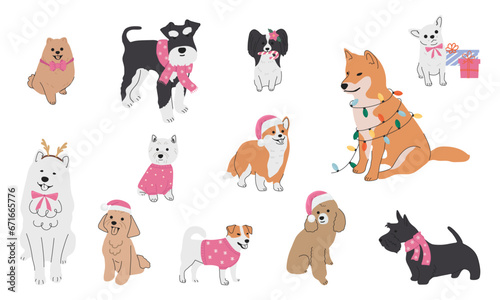Collection of christmas dogs in hand drawn style. Collection of dog characters, flat illustration for design, decor, print, stickers, posters. Merry Christmas illustrations 