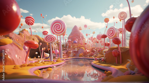 A candy and sweet themed fantasy world with attractive and bright multi-colored buildings and plants. Full of joy and happiness. © Aisyaqilumar