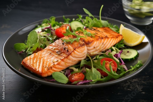 Delicious dish featuring grilled salmon and fresh salad. Perfect for a nourishing lunch. Generative AI