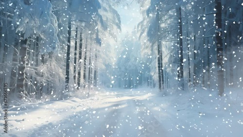 Beautiful forest road in the snow with heavy snowfall
 photo