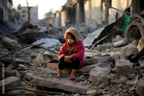 Portrait of a Little Israeli child in a city destroyed in flames and ruins. War situation