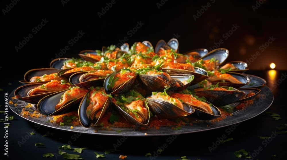 Mussels with illumination, a symphony of light and texture Mussels with illumination, a symphony of light and texture