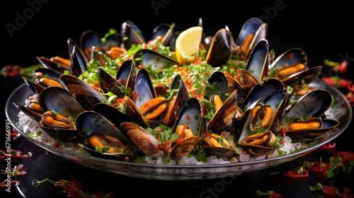 Mussels with illumination, a symphony of light and texture
