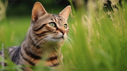 The cat looks to the side and sits on a green lawn.