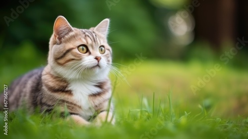 The cat looks to the side and sits on a green lawn.