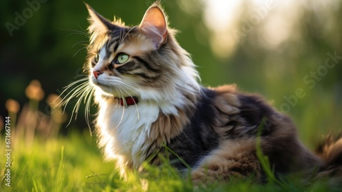 The cat looks to the side and sits on a green lawn.