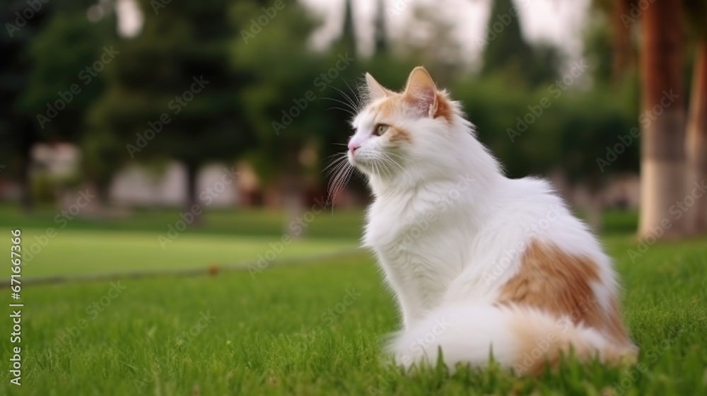 The cat looks to the side and sits on a green lawn.
