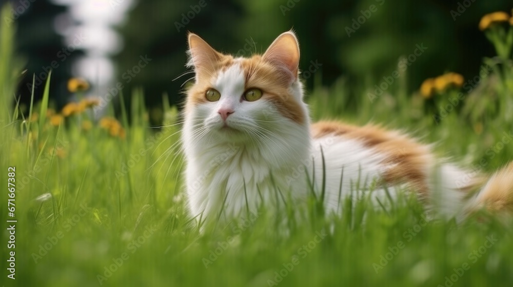 The cat looks to the side and sits on a green lawn.