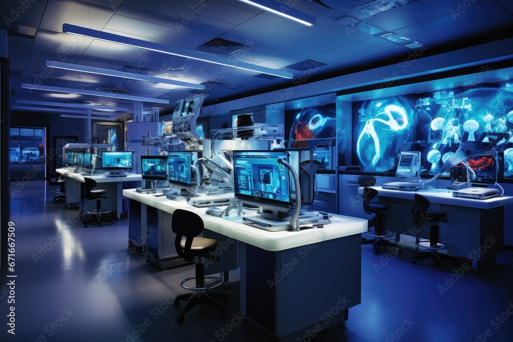 3d rendering of modern medical office with computers and diagnostics, health care station with computer monitor and communications equipment in emergency room of modern hospital. 3d rendering of modern medical office with computers and diagnostics, health care station with computer monitor and communications equipment in emergency room of modern hospital.