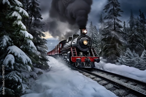 Historic steam locomotive. Old vintage train ride in the snowy forest in north pole. Fairy tale winter landscape. Retro aesthetic. Christmas and New Year concept. Design for banner, card, poster 