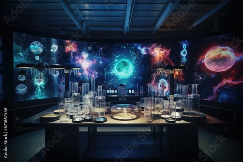 3d render scientific laboratory with equipment and science experiments, Mixed media, galaxy background, Microscope and glassware on the desk in lab, science, research, equipment