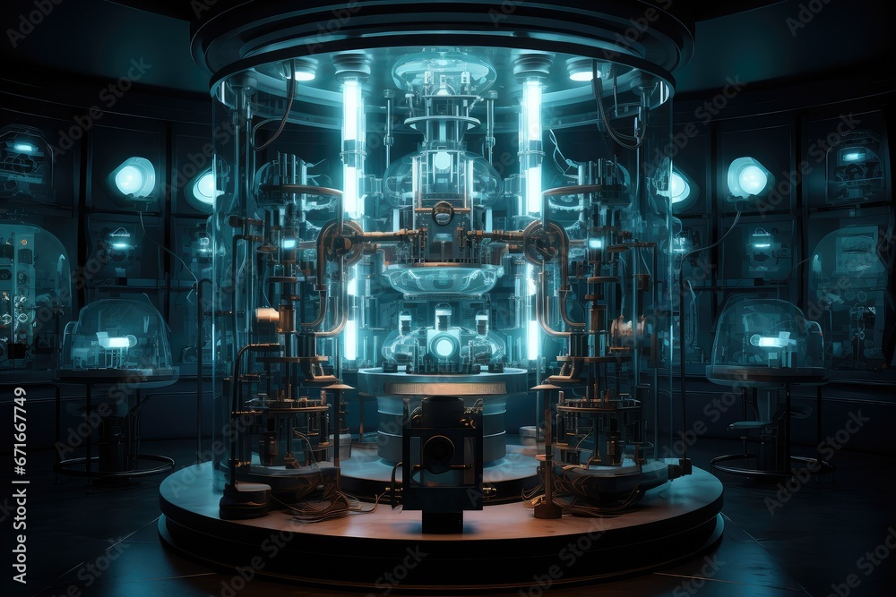 3d rendering of a scientific laboratory with a lot of light bulbs, Conceptual scientific and technology LED variable light array, Futuristic lab discovery in a glowing industry