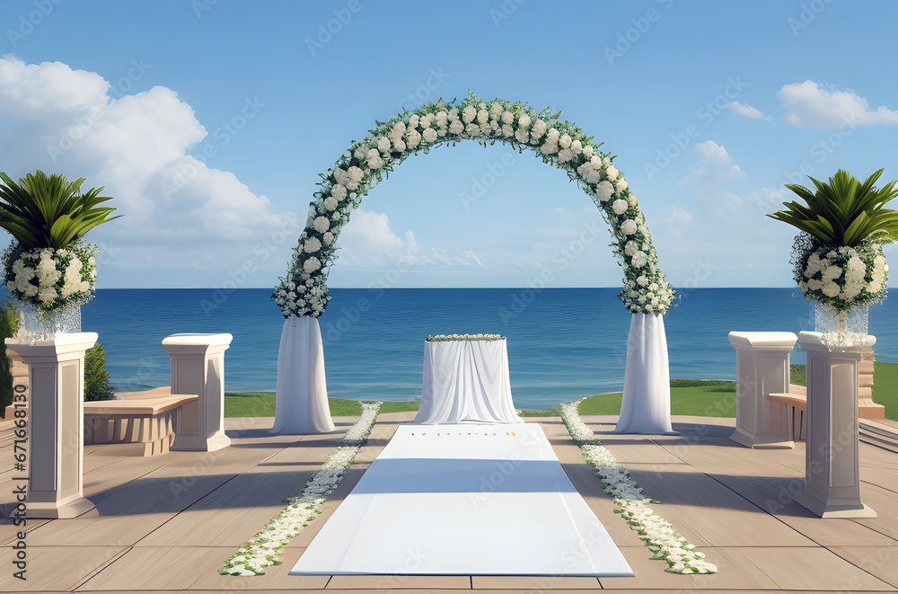 Wedding outdoor centerpieces in a sea beach, big tree in background and Empty chairs and tables at beach against sky- ai generated