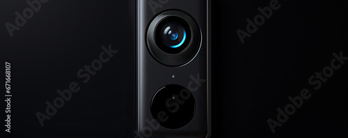 Detail on modern doorbell with mounted video camera on black background.