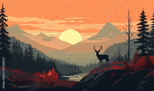 a mountain scene with deer and trees Generative AI