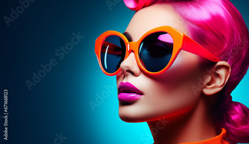 Closeup portrait of woman with bright pink hair and bright sunglasses in the style of futuristic glam